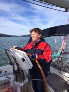 Lesley at the helm