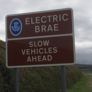 The electric brae is an optical illusion. You can stop your car here, in the middle of the road and watch it roll up hill. 